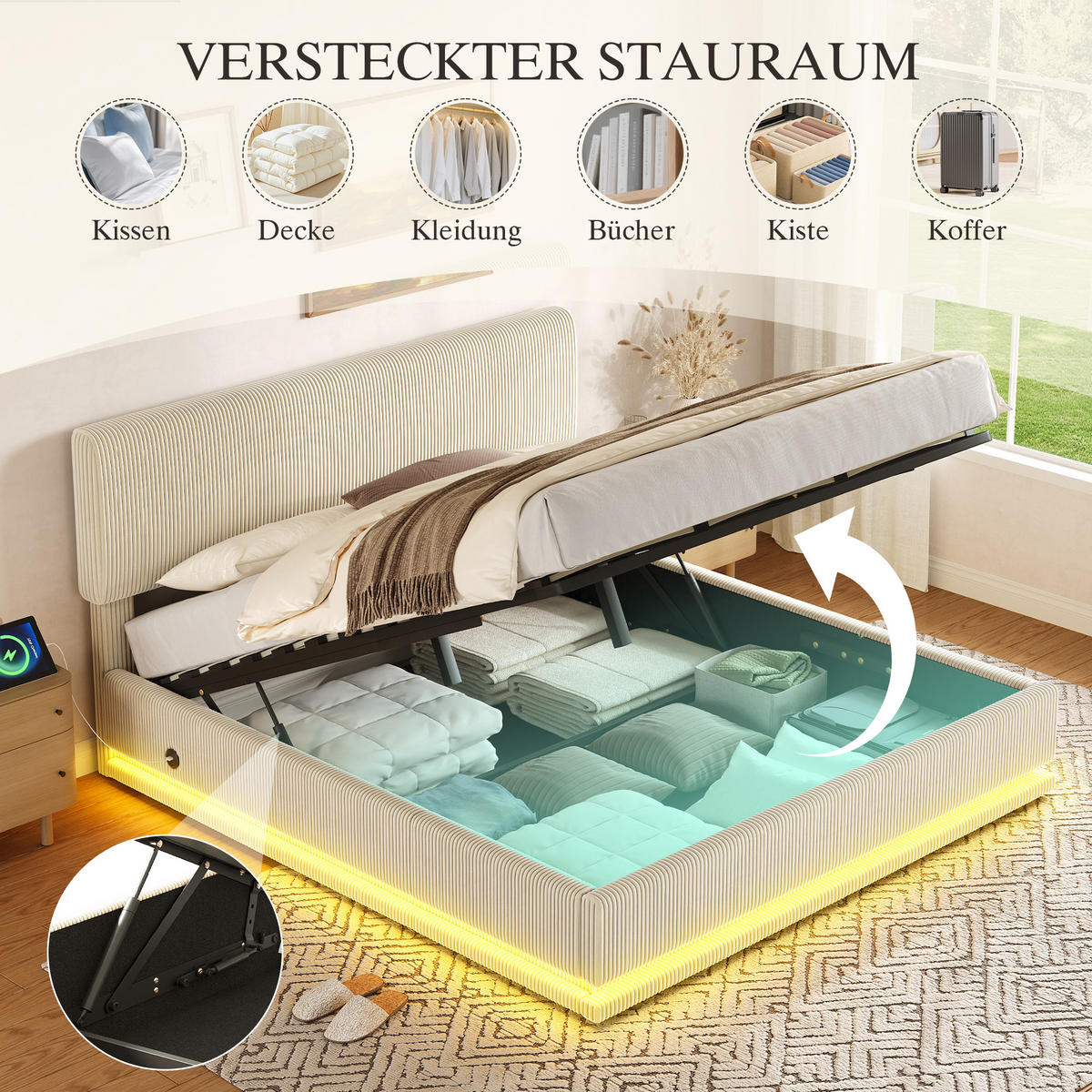 STAURAUMBETT 160/200 cm DE-03628, mit LED und höhenverstellbarem Kopfteil, in Beige - Beige, Metall (160/200cm) - ComfortXL