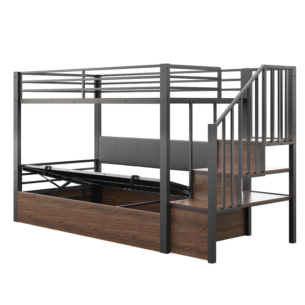 ETAGENBETT 90/200 cm in Schwarz mit Hydraulik-Stauraum, Treppe mit Staufächern und Schutzgeländer - Schwarz, Holzwerkstoff (90/200cm) - STILVORA