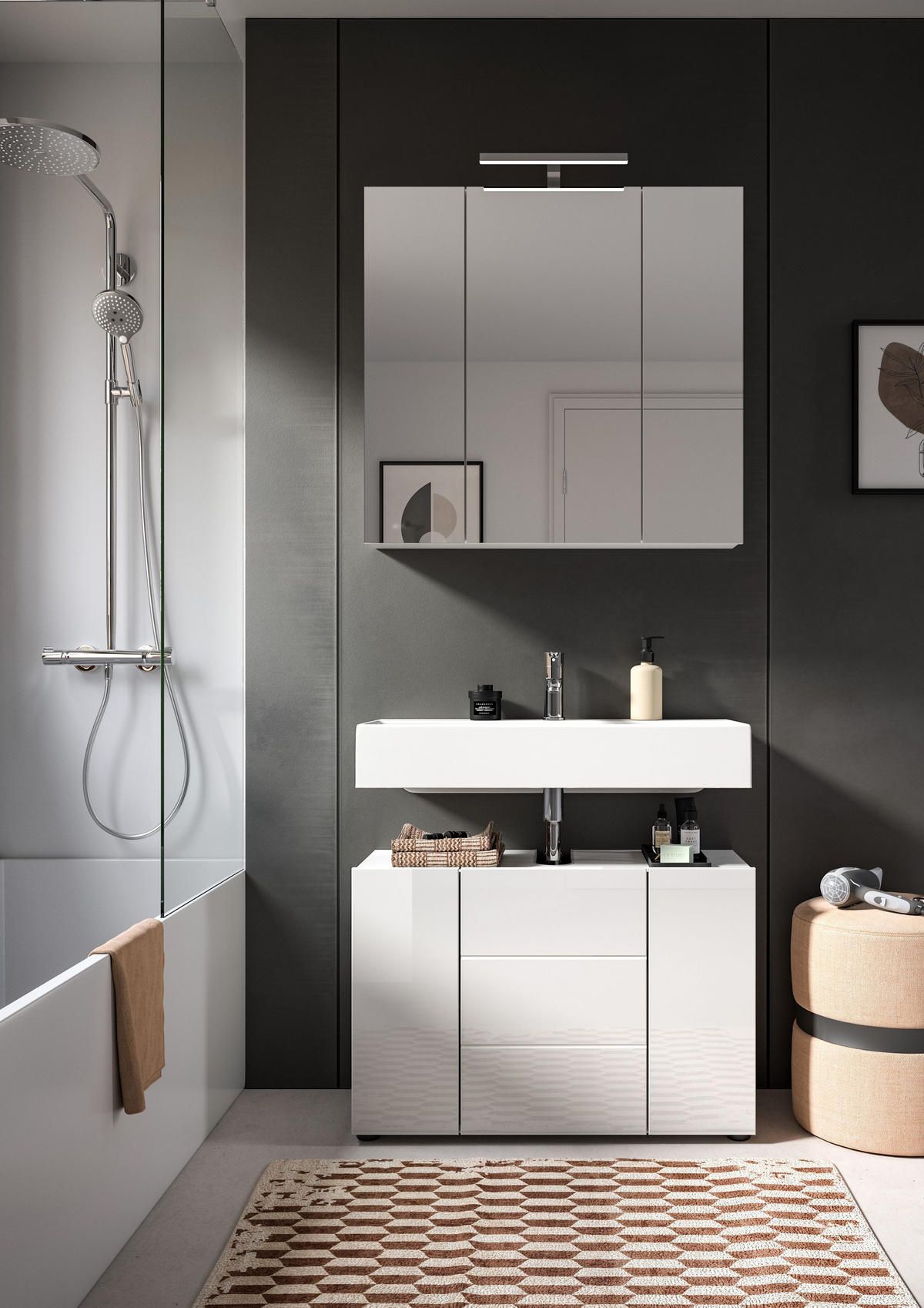 BADKOMBINATION 2tlg. inkl. Beleuchtung Vira Bad in weiß Melamin und weiß HG B/H/T: 82x190x34 cm - Weiß, Holz (82/190/34cm)