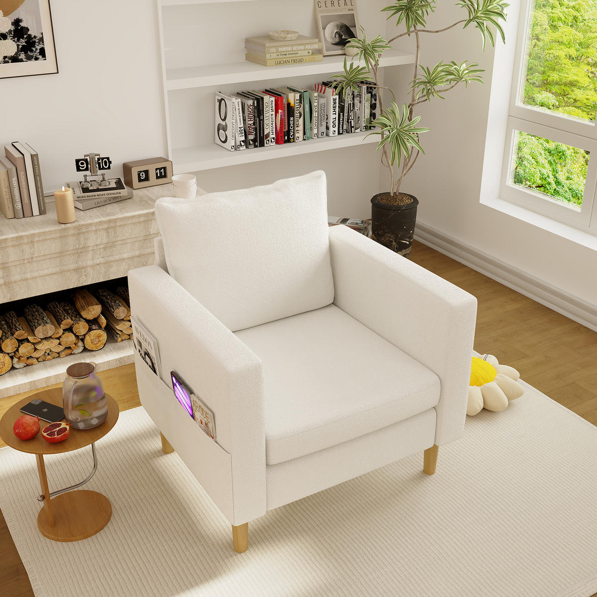 SESSEL Chenille Beige mit Seitentasche - Beige, Holz/Holzwerkstoff (71/82/68cm) - WISHDOR