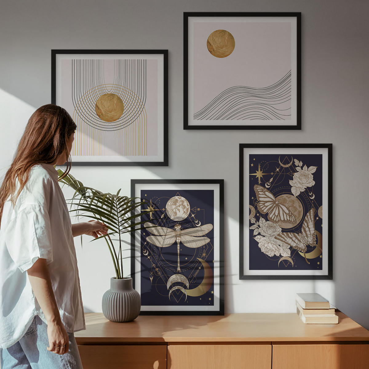 BILDER SET 4er Set - 50x50 cm & 40x60 cm Schwarzer Rahmen - Naturmotive mit dem Mond - Schwarz, Kunststoff (50/50cm) - TULUP