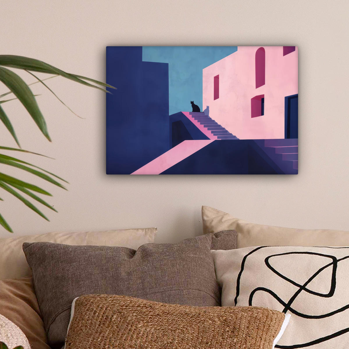 LEINWANDBILD Katze - Treppe - Gebäude - Schattenkontraste Deko Schlafzimmer 30x20 cm - Dunkelblau, Textil (30/20cm) - MuchoWow