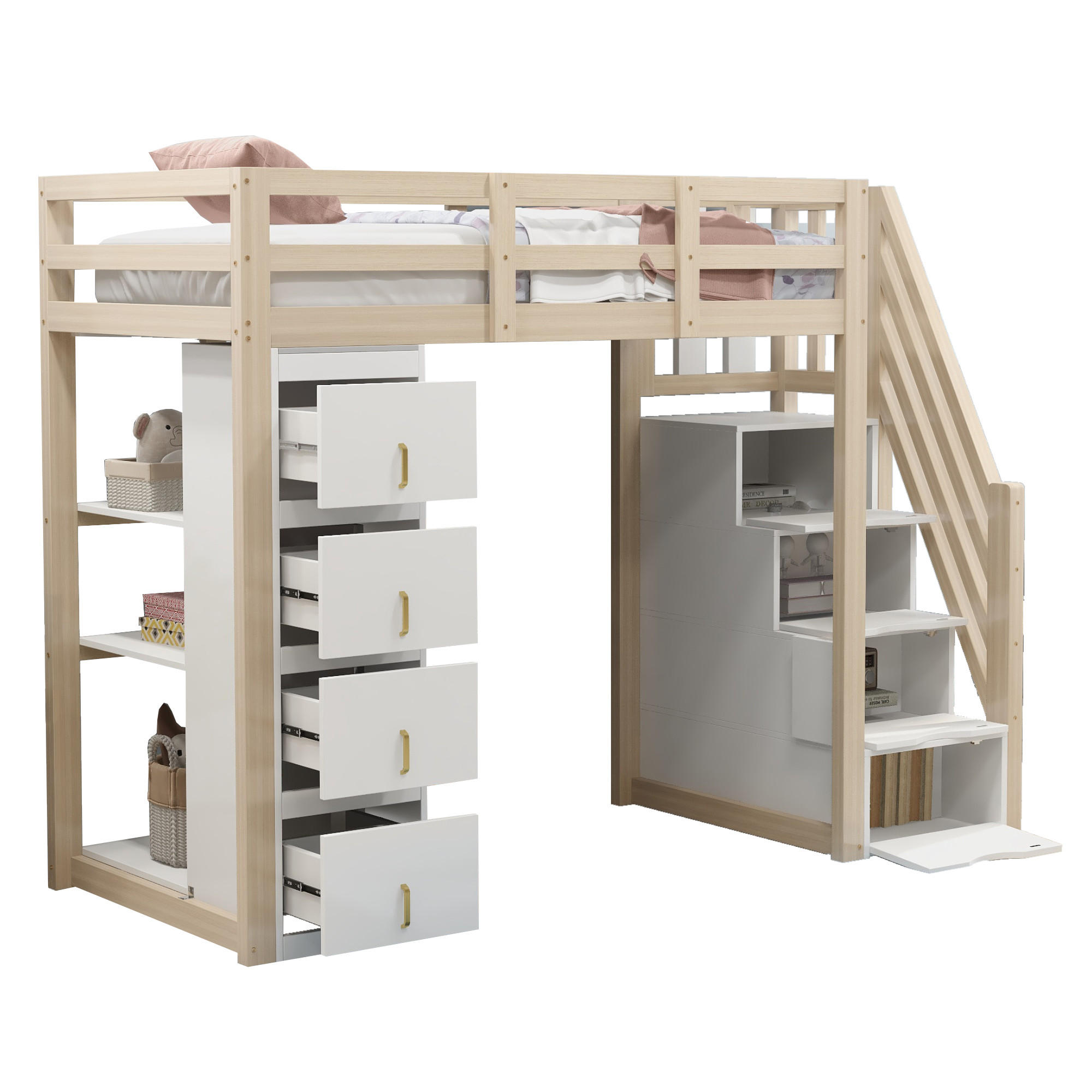 STILVORA HOCHBETT 90/200 cm in Natur mit 4 Schubladen, Regal und Sicherheitsleiter