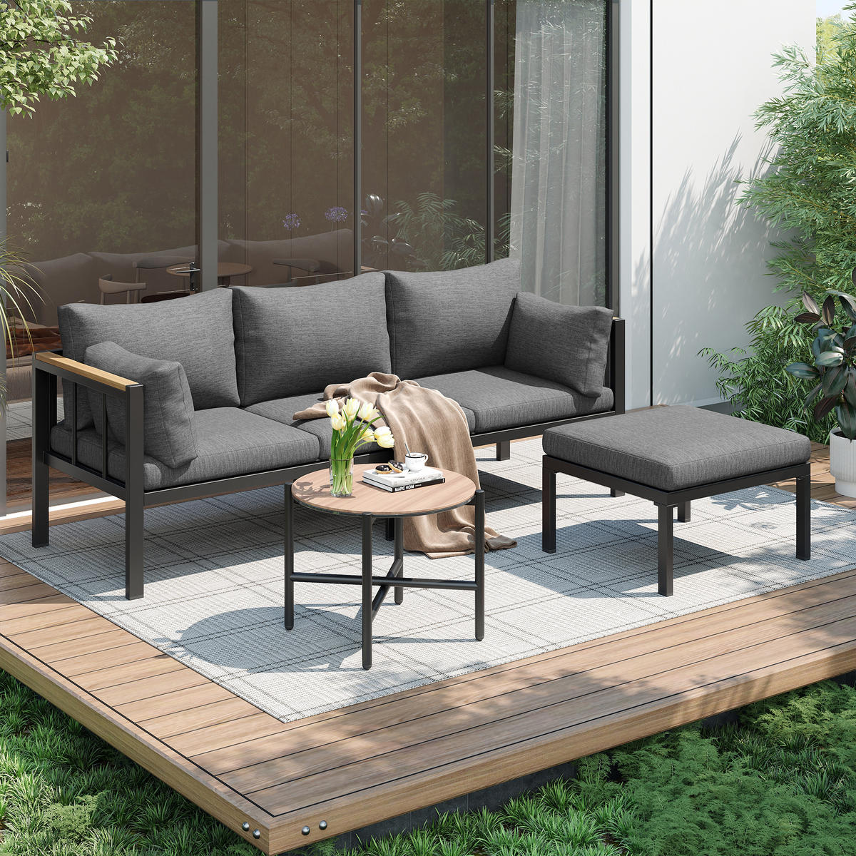 GARTENSET Eck Mit Sofa Couchtisch Hocker Grau & Glastisch - Grau, Textil - FLIEKS