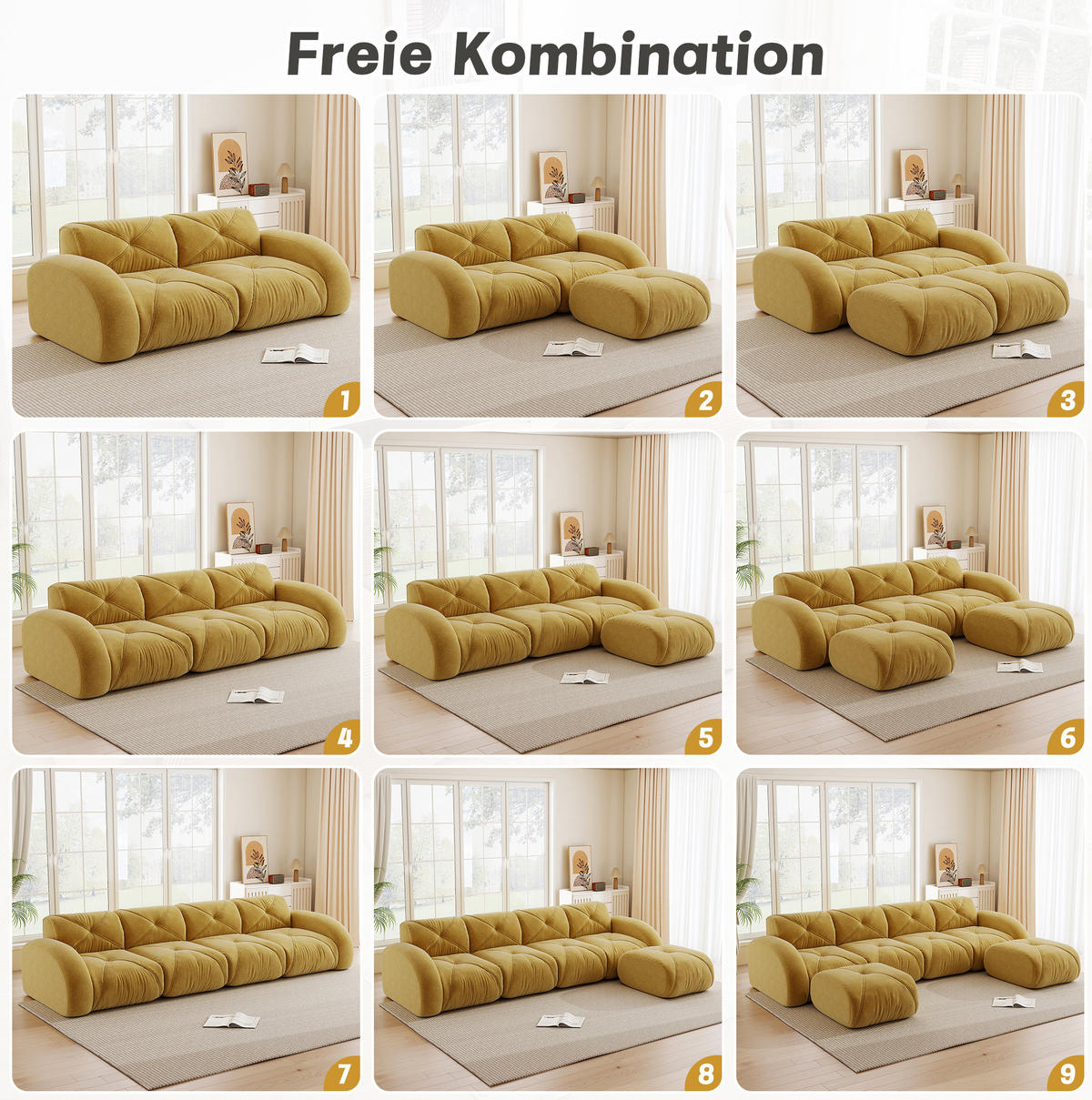 SOFA in Gelb aus Chenille mit flexiblem Sitzkomfort - Gelb, Textil (95/76/204cm) - Flora Grace