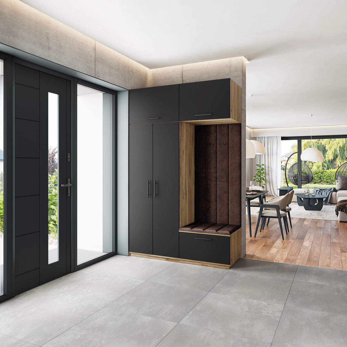 GARDEROBENSCHRANK REMA 150/240/60 cm Modern Garderobe-Set Eiche Wotan - Eiche Wotan/Schwarz, Holzwerkstoff (150/240/60cm) - MASSENO