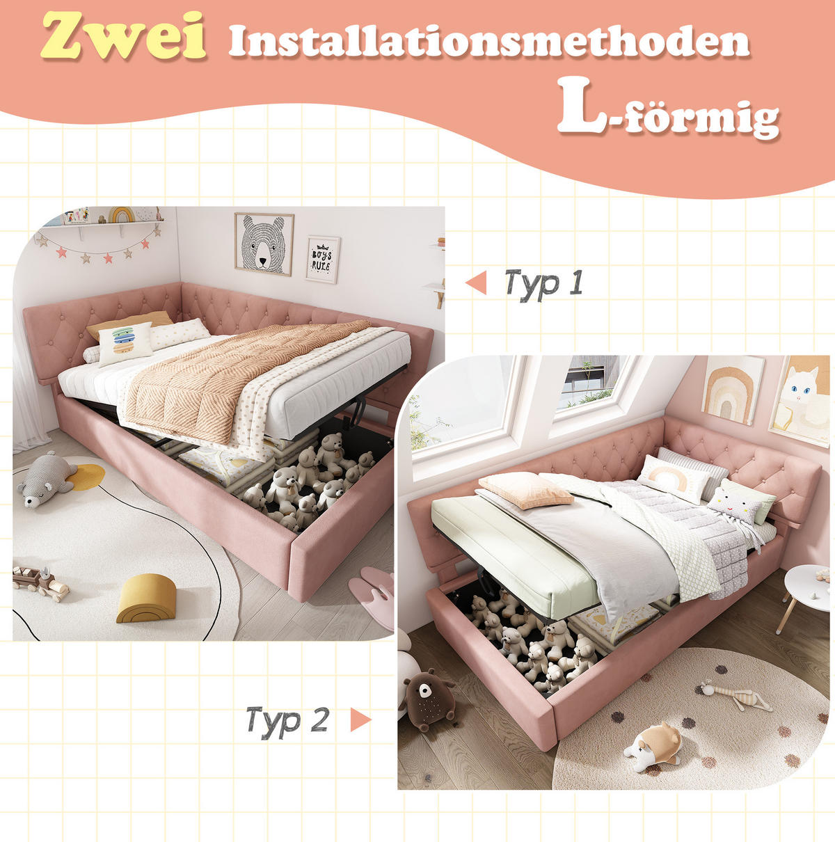 KINDERBETT Polsterbett 90/190 cm aus Samt mit hydraulischem Stauraum Rosa - Rosa, Textil (90/190cm) - Modenvie