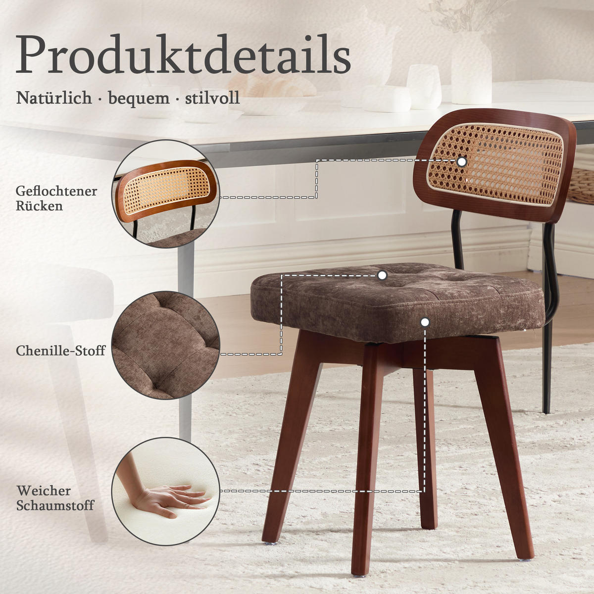 ESSZIMMERSTUHL 2er Set 360° drehbar, Wiener Geflecht, Chenille, Massivholz, Dunkelbraun - Dunkelbraun/Walnussfarben, Holz/Textil (43/77/50cm) - LVHOM