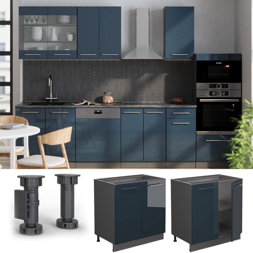 SPÜLENUNTERSCHRANK Fame-Line Dunkelblau Hochglanz 80 cm mit Regal AP Marmor - Anthrazit/Dunkelblau, Holzwerkstoff (80/82/60cm) - Vicco