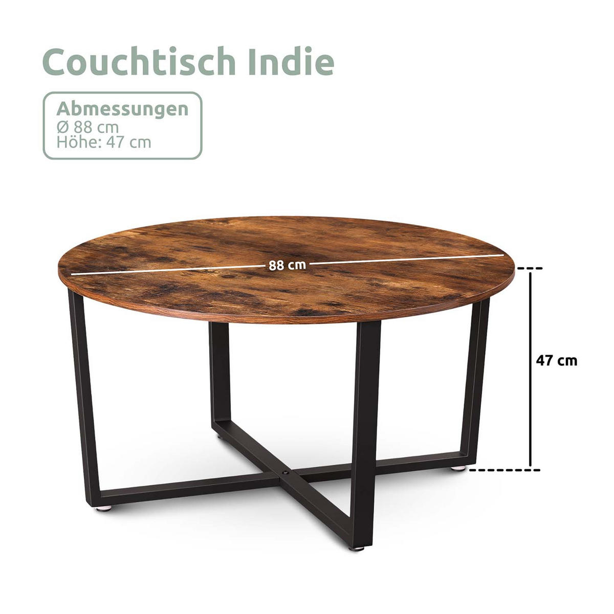 COUCHTISCH Indie - Holzfarben / Metall - Ø 88cm - Naturfarben, Holzwerkstoff (88/88/47cm) - holz4home