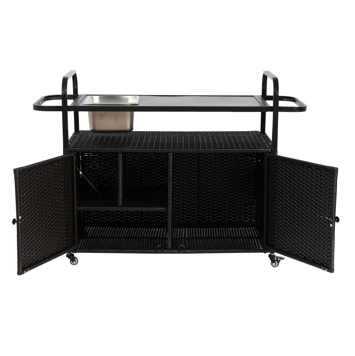 OUTDOOR-BARWAGEN 131 cm Schwarz Stahl & Rattan – Servierwagen mit Eisbehälter, Schrank & Lenkrollen - Schwarz, Metall (131/91/50cm) - Urban Meuble