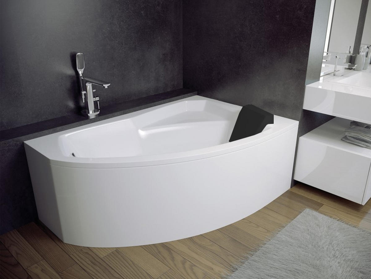 BADEWANNE Eckwanne RIMA 130/85 Rechts mit schwarzer Kopfstützen Ablauf Füße - Weiß, Kunststoff (85/58.5/130cm) - bad land