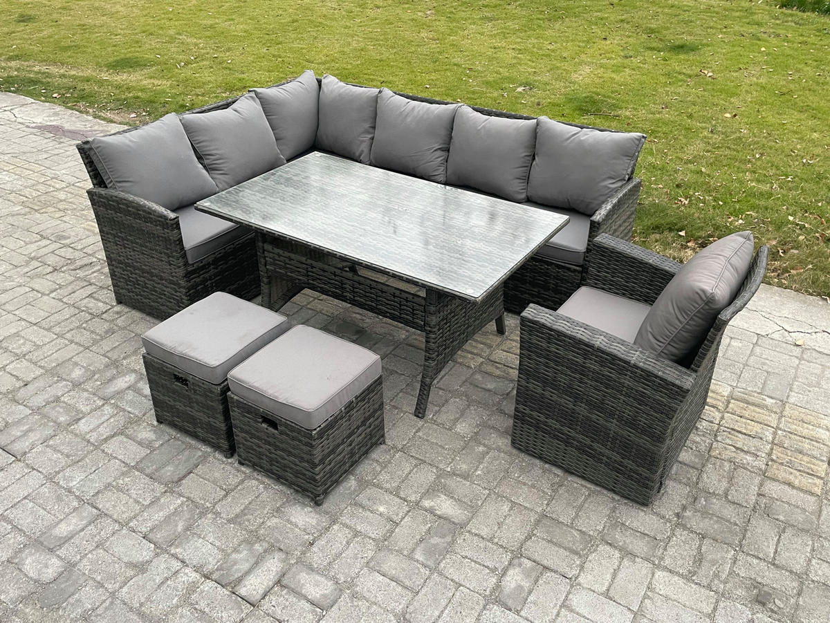 SITZGRUPPE mit Esstisch Polyrattan Dunkelgrau 9-Sitzer - Dunkelgrau/Grau, Glas/Kunststoff - Fimous