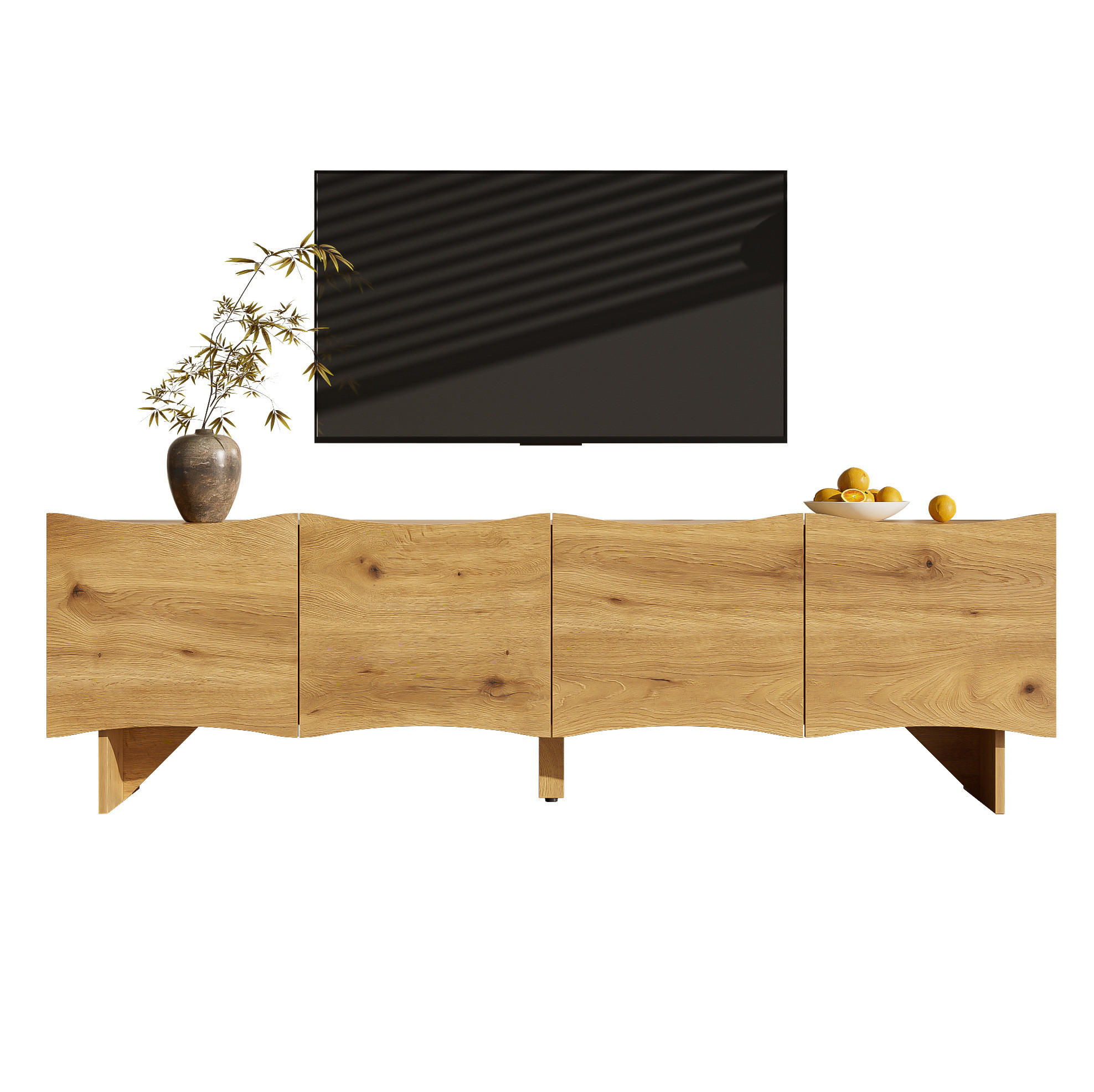 Redom TV stolek 155/36/47 cm s vlnitými dvířky a kabelovými průchodkami, úložný prostor, Natural