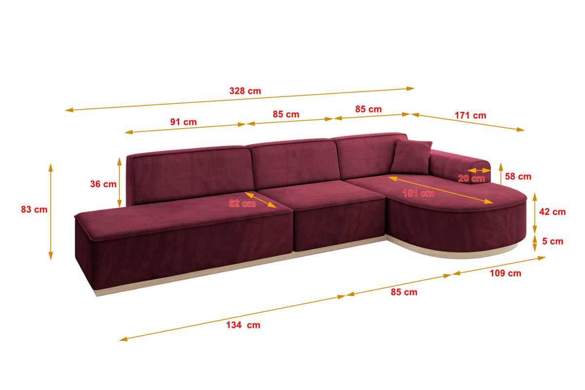ECKSOFA Ottomane Rechts ARRIO-L2 - 328x171x83 cm Bordeauxrot - Bordeaux, Holzwerkstoff/Textil (328/171cm) - ALTDECOR