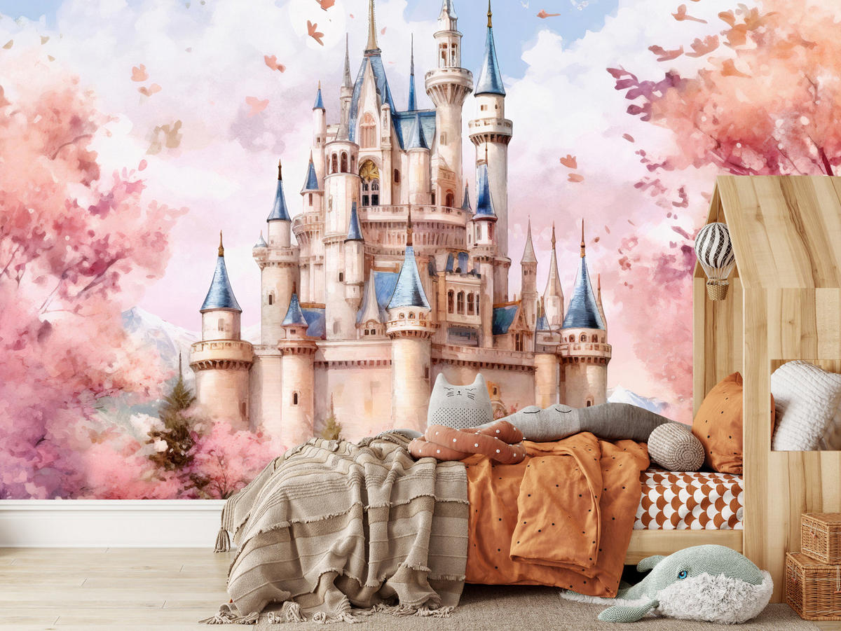 FOTOTAPETE für Kinderzimmer Märchenschloss Aquarell 300x210 - Blau/Violett, Papier (300/210cm) - Muralo