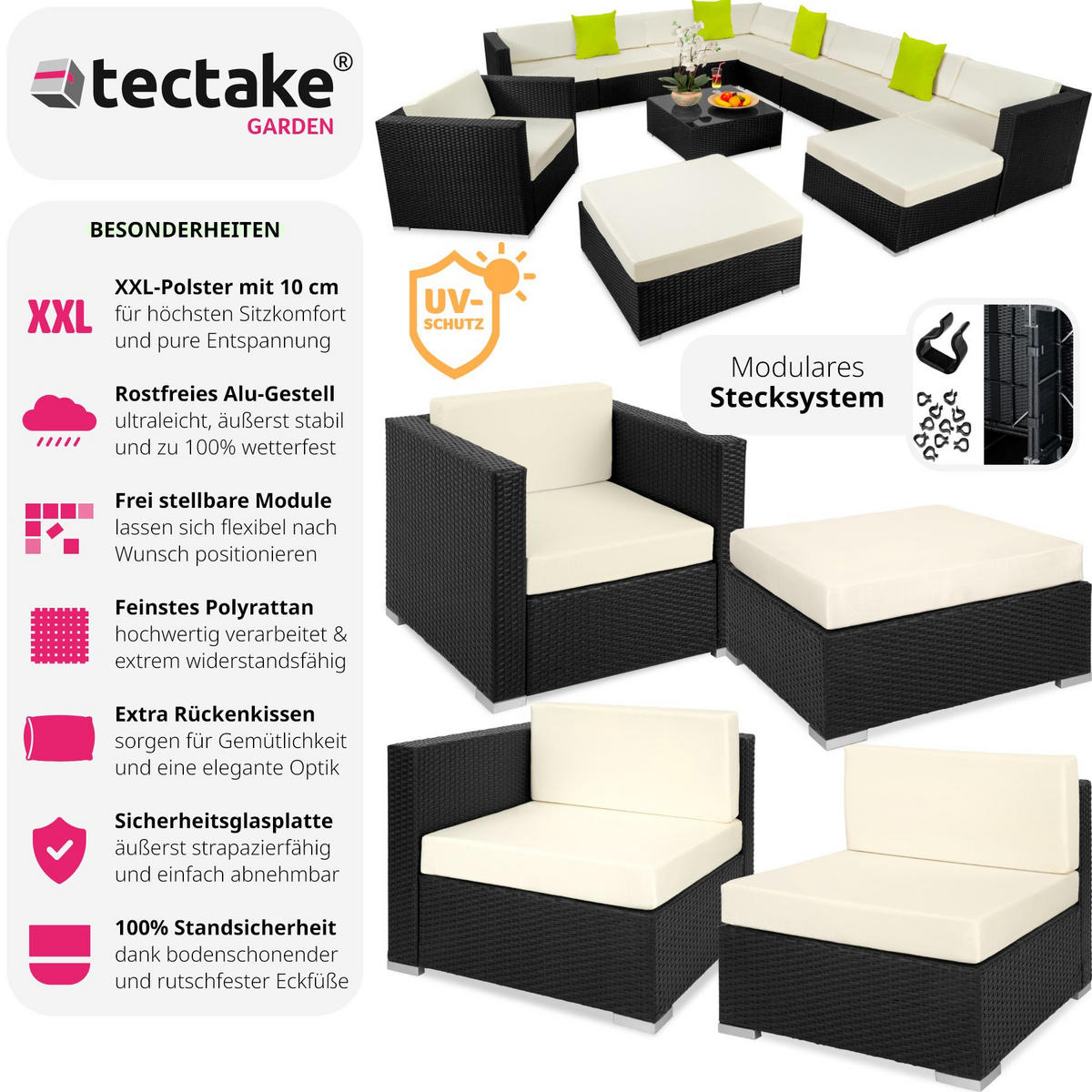 RATTANLOUNGE Las Vegas,mit Sicherheitsglasplatte,schwarz - Schwarz, Kunststoff - tectake