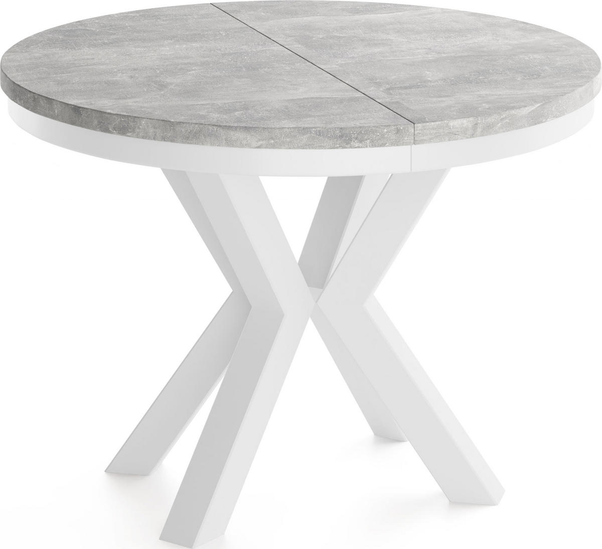 ESSTISCH Clara Weiß runder ausziehbarer, Grauer Beton 100-180/100/76 cm - Hellgrau/Weiß, Holzwerkstoff/Metall (100/100/76cm) - WFL GROUP