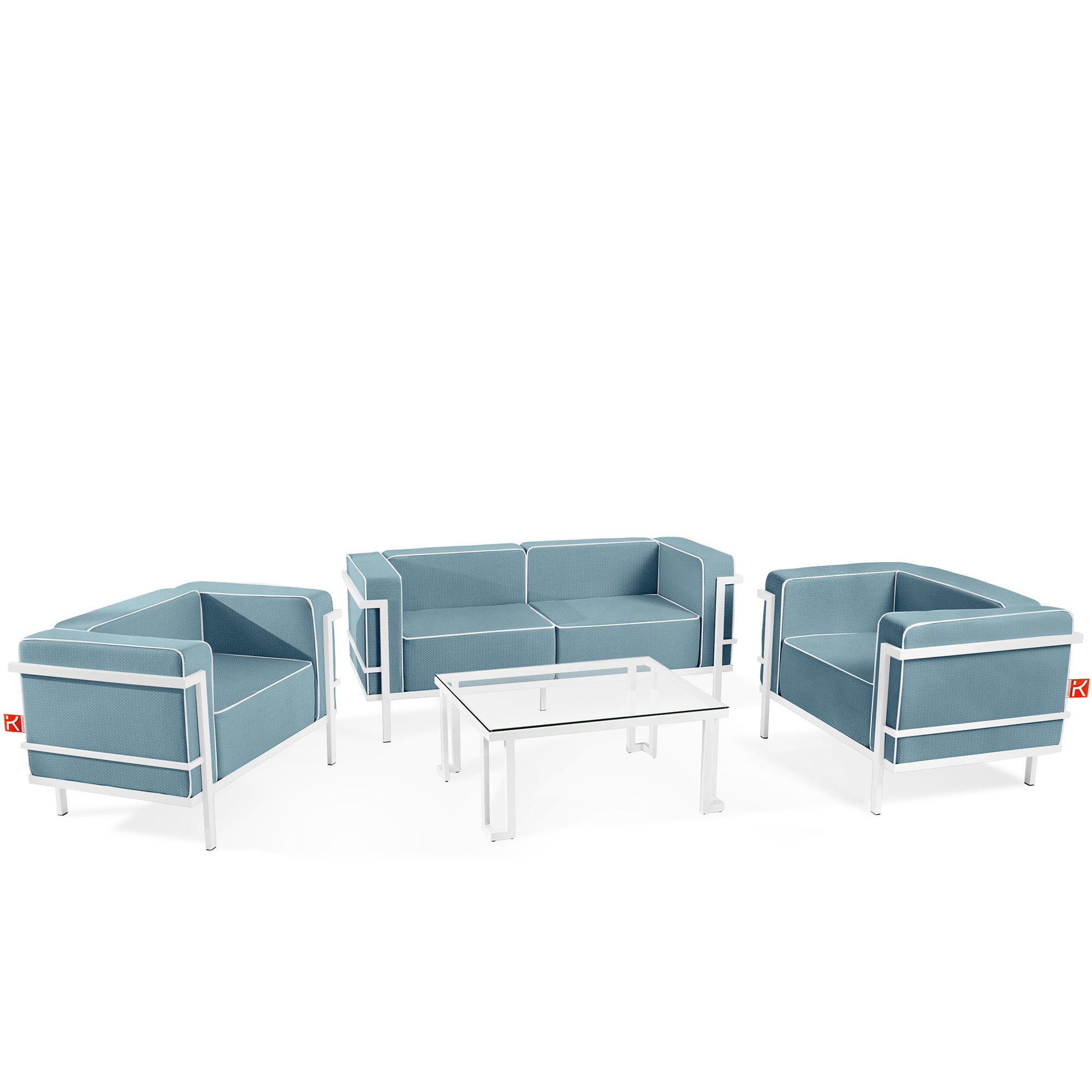 GARTENLOUNGE-SET TRIGLO 4-tlg., 1x Tisch, 2x Sessel, 1x Sofa 2-Sitzer, Modern, Weiß - Blau/Weiß, Glas/Textil - KONSIMO®