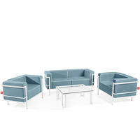 GARTENLOUNGE-SET TRIGLO 4-tlg., 1x Tisch, 2x Sessel, 1x Sofa 2-Sitzer, Modern, Weiß - Blau/Weiß, Glas/Textil - KONSIMO®