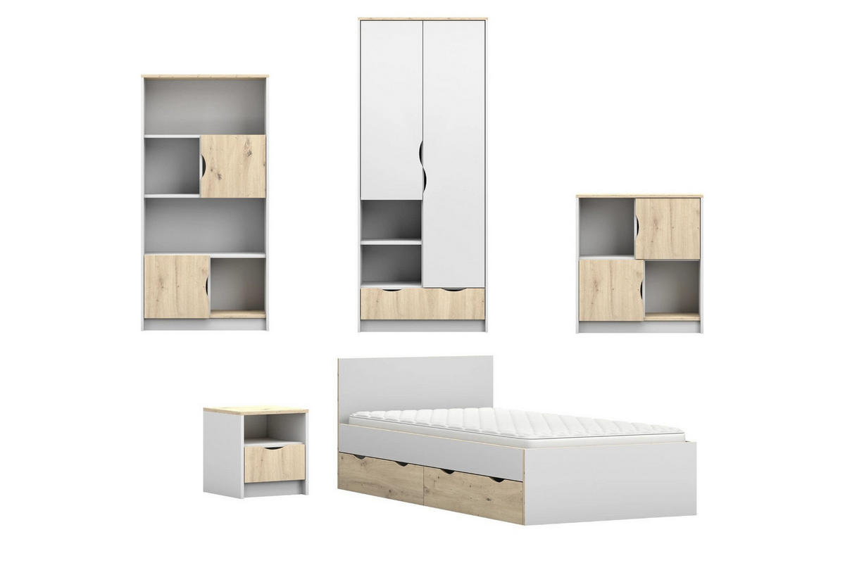 JUGENDZIMMER-SET JUMI B 5-teilig in Weiß/Eiche Artisan - Weiß/Eiche Artisan, Holzwerkstoff (374/193/205cm) - Deine Möbel 24