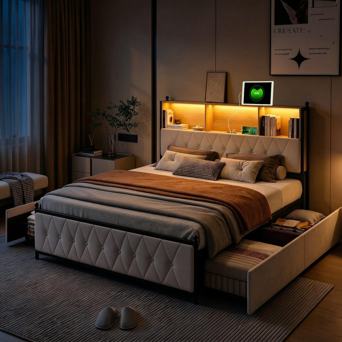 BETT 140x200cm beige samt led usb typ-c unterbettstauraum - Schwarz, Metall - SHOPENTRA