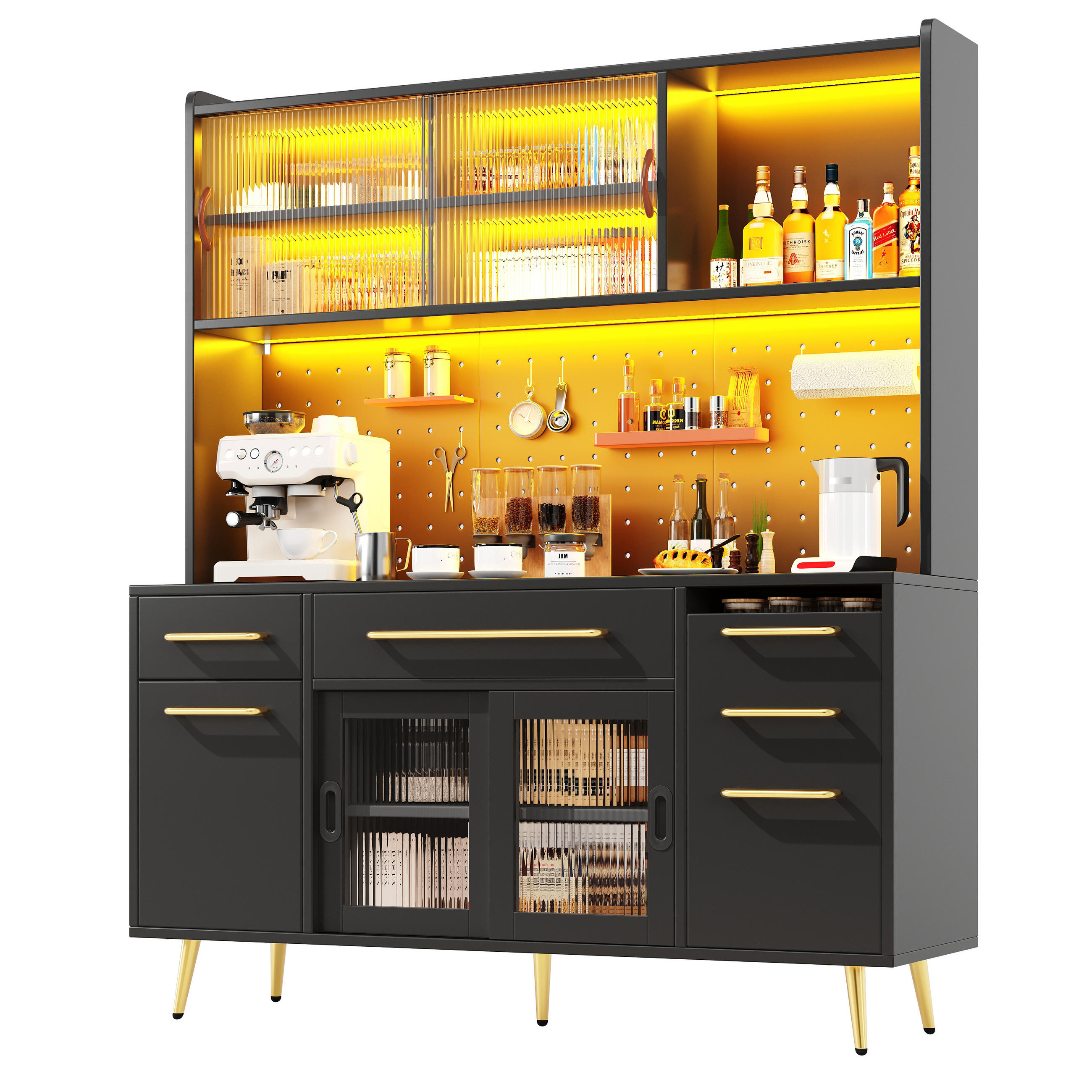 HIGHBOARD Schwarz 145×39×171 cm mit LED-Beleuchtung, Glastür und Lochwand aus Holzwerkstoff und Glas - Schwarz, Holzwerkstoff (145/171/39cm) - Luhomfu