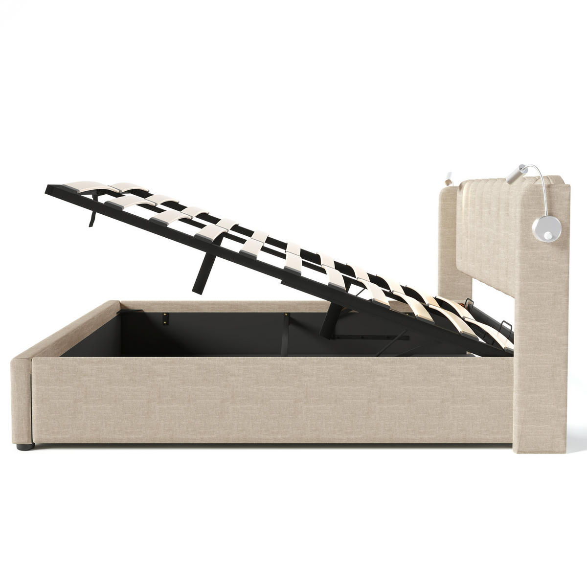 POLSTERBETT 140/200 cm in Natur mit Bettkasten, Leselampe und USB Leinen Design - Beige, Holzwerkstoff/Textil (140/200cm) - STILVORA