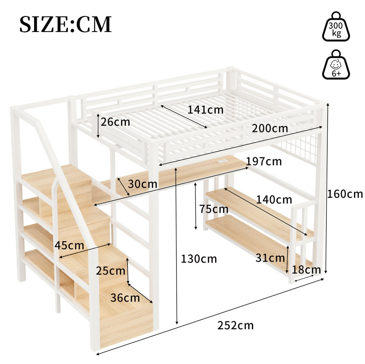 HOCHBETT 140/200 cm mit Schreibtisch, LED-Lichtleiste, USB und Stauraumtreppe aus Metall/MDF, Weiß - Weiß, Metall (140/200cm) - Redom