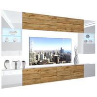 WOHNZIMMERWAND mit LED-Beleuchtung TV-Schrank Weiß/Eiche Wotan Top - Eiche Wotan/Weiß, Holz (300/180/36cm) - B BELINI GROUP