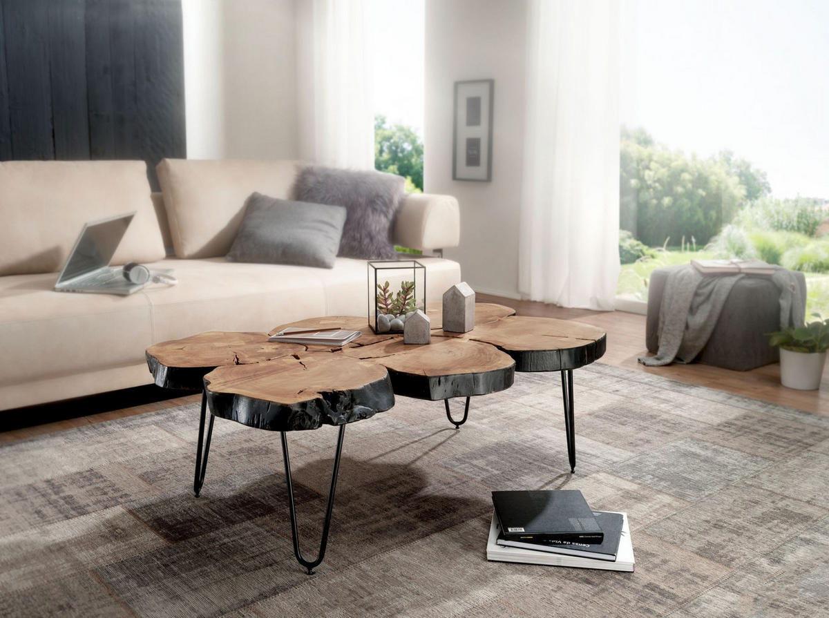 COUCHTISCH Akazienholz, Baumstammform, Große Abstellfläche, Handgefertigt, 115x70x40 cm - Beige/Schwarz, Holz/Metall (70/115/40cm) - KADIMA DESIGN