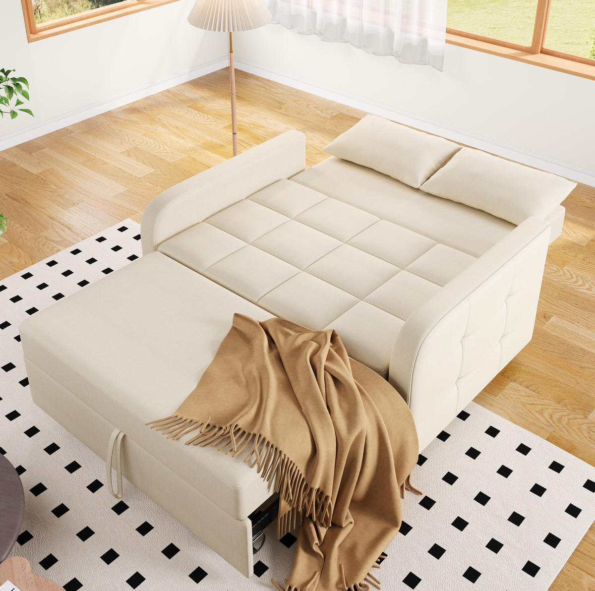 ROZKLÁDACÍ pohovka 127/75/94 cm béžová z bavlny a lnu s polohovatelným opěradlem - béžová, plast (127/94/75cm) - OKWISH