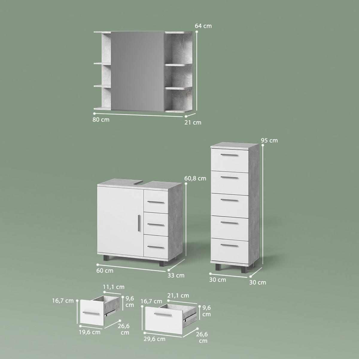 BADMÖBEL-SET Eisak Beton 3 Teile, mit Midischrank - Schieferfarben/Weiß, Holzwerkstoff (60/60/33cm) - Livinity®