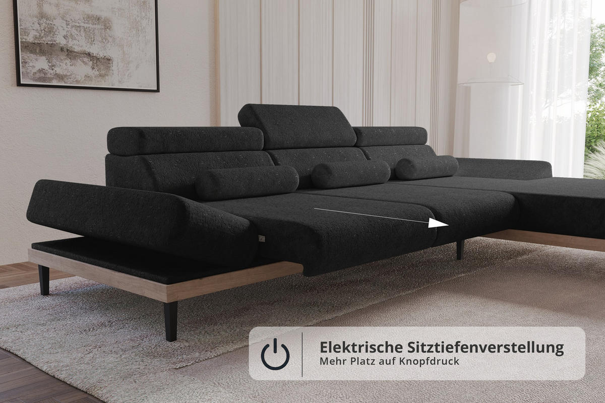 ELEKTRISCHES ECKSOFA Rechts MONA 316x205x85 Schwarz Velours - Schwarz, Holzwerkstoff/Textil (316/205cm) - ALTDECOR