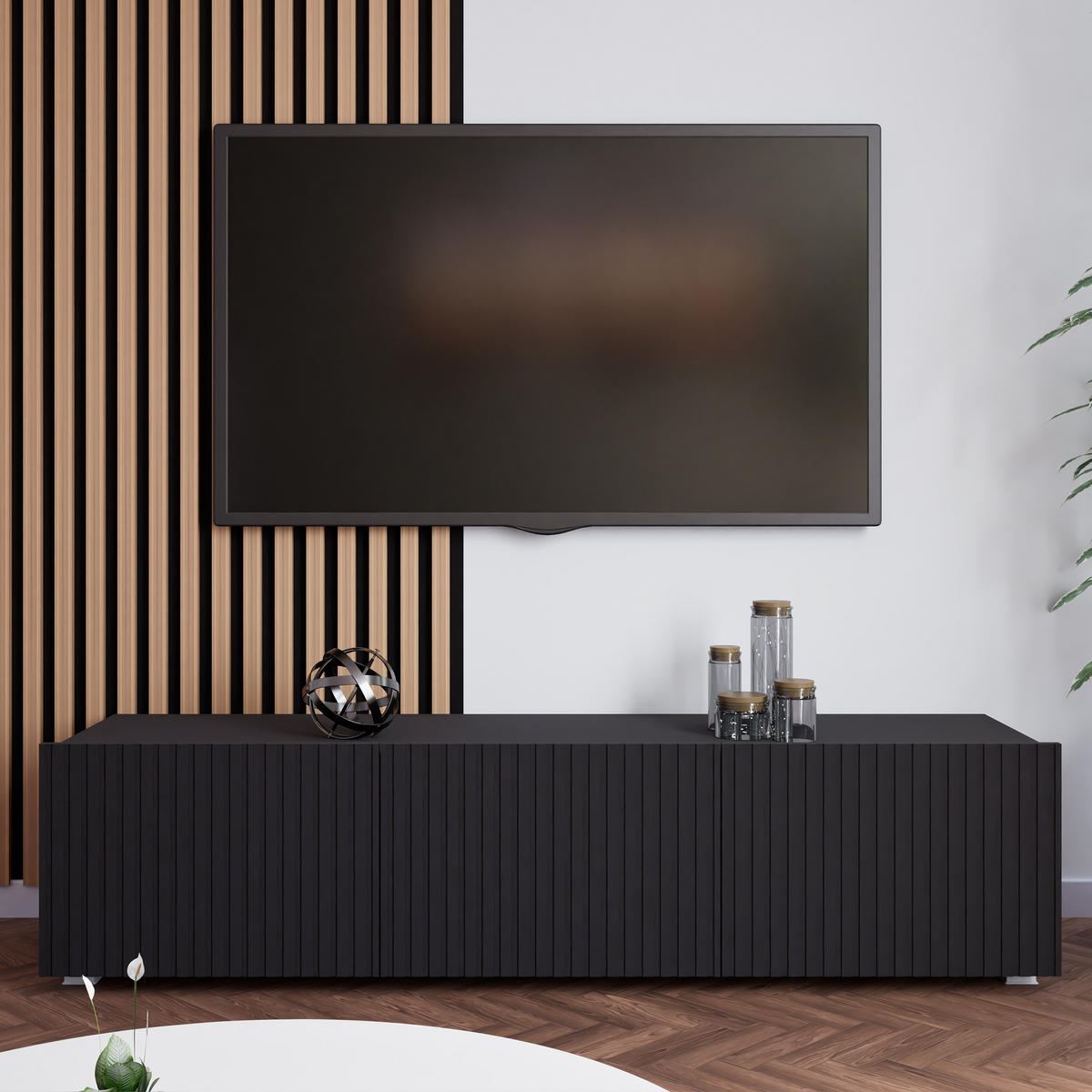 LOWBOARD Kavell mit 2 Türen, 150 cm, stehend/hängend, schwarz matt - Schwarz, Holzwerkstoff (150/37.5/43cm) - Beautysofa