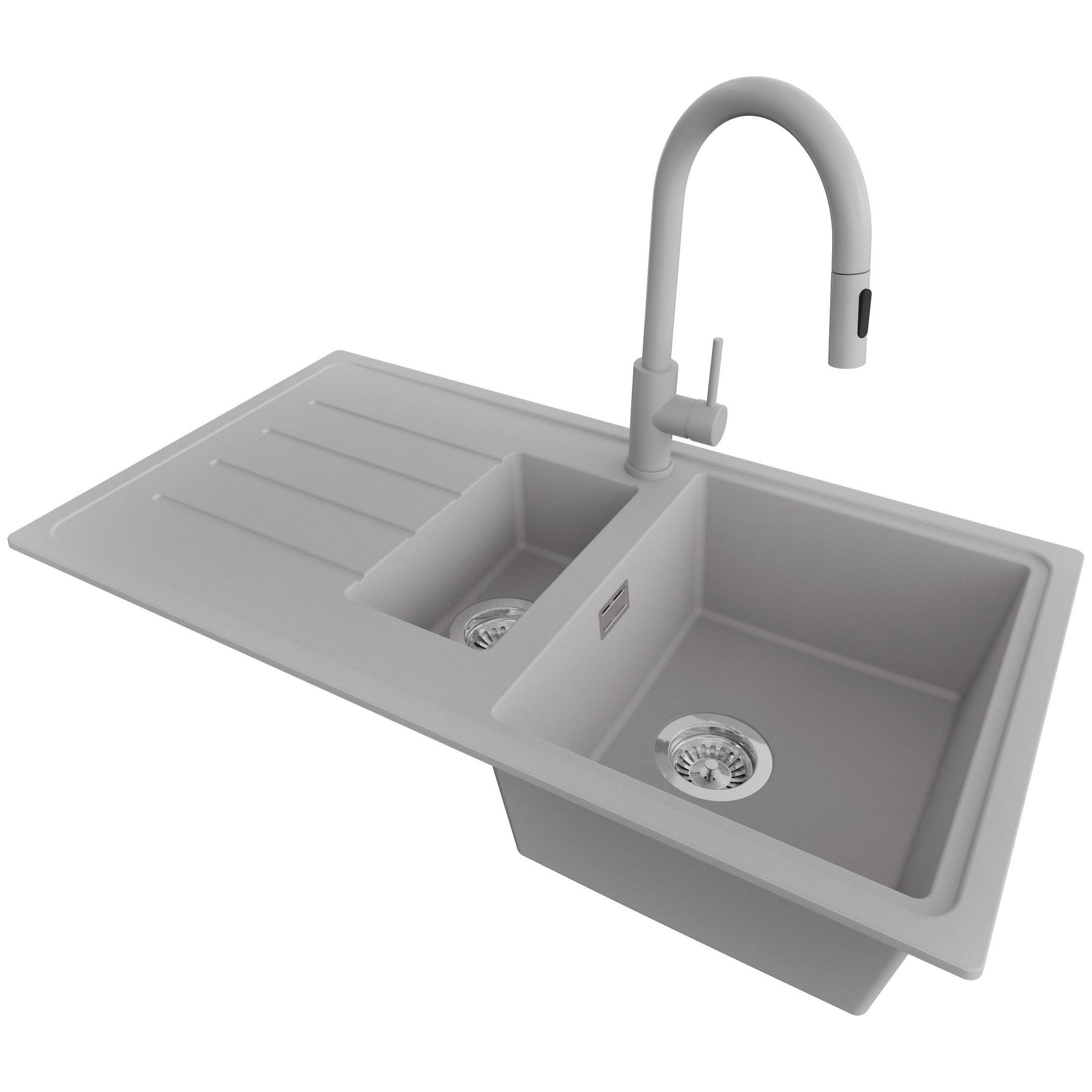 GRANITSPÜLE Kopenhagen Duo, 2-er set Grau 90/50 cm 1,5 Becken + Küchenarmatur 40/20 cm + Ablauf-Set ab 60er Unterschrank - Chromfarben/Grau, Kunststoff (90/19/50cm) - Primagran