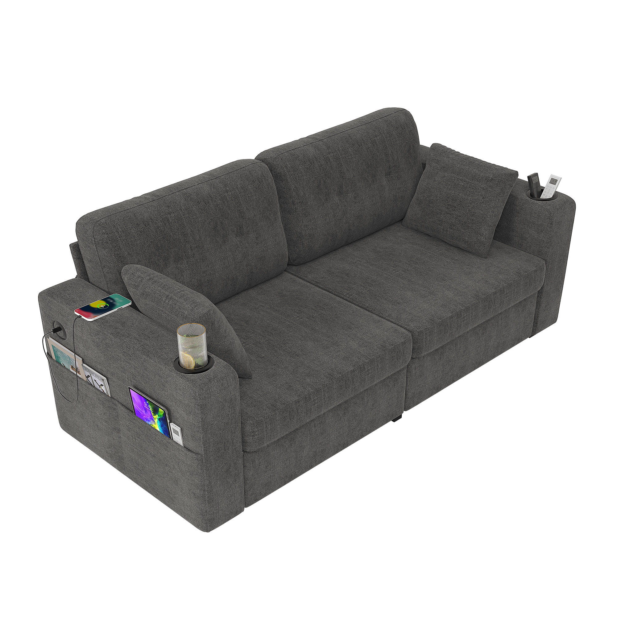 2-SITZER Sofa aus Chenille 172x75x82 cm mit USB-Anschlüssen & Stauraum, grau - Grau, Textil (75/82/172cm)