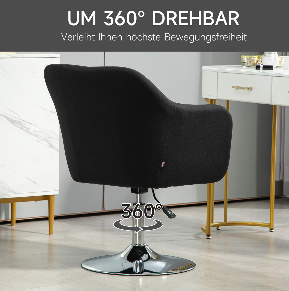 DREHSTUHL 60/60/79-91 cm in Schwarz, höhenverstellbar und 360° drehbar - Schwarz, Textil (60/91/60cm) - Flora Grace