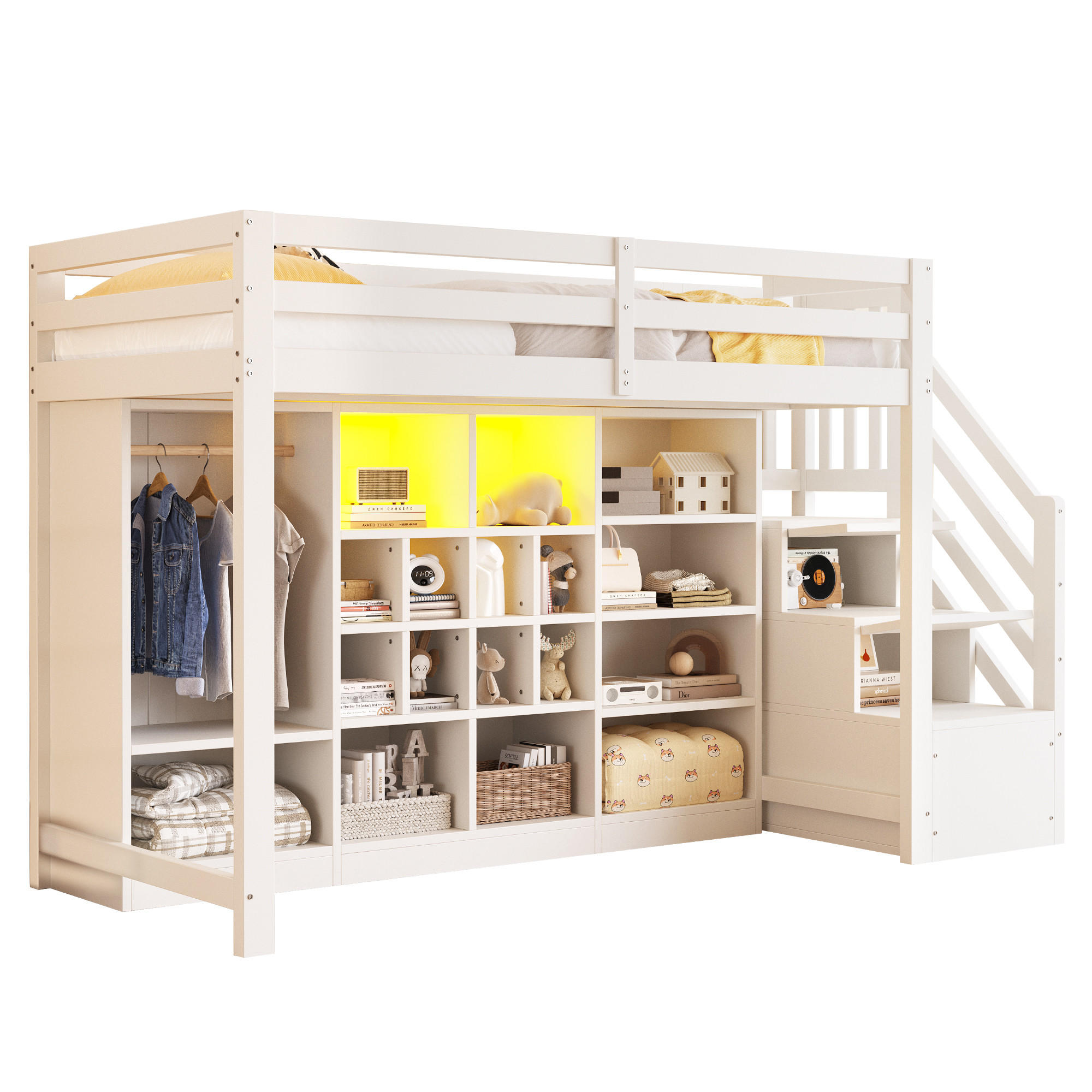 HOCHBETT 90/200 cm mit LED-Beleuchtung, Stauraumfächern, Kleiderschrank und Seitenleiter aus , Weiß - Weiß, Holzwerkstoff (90/200cm) - Redom