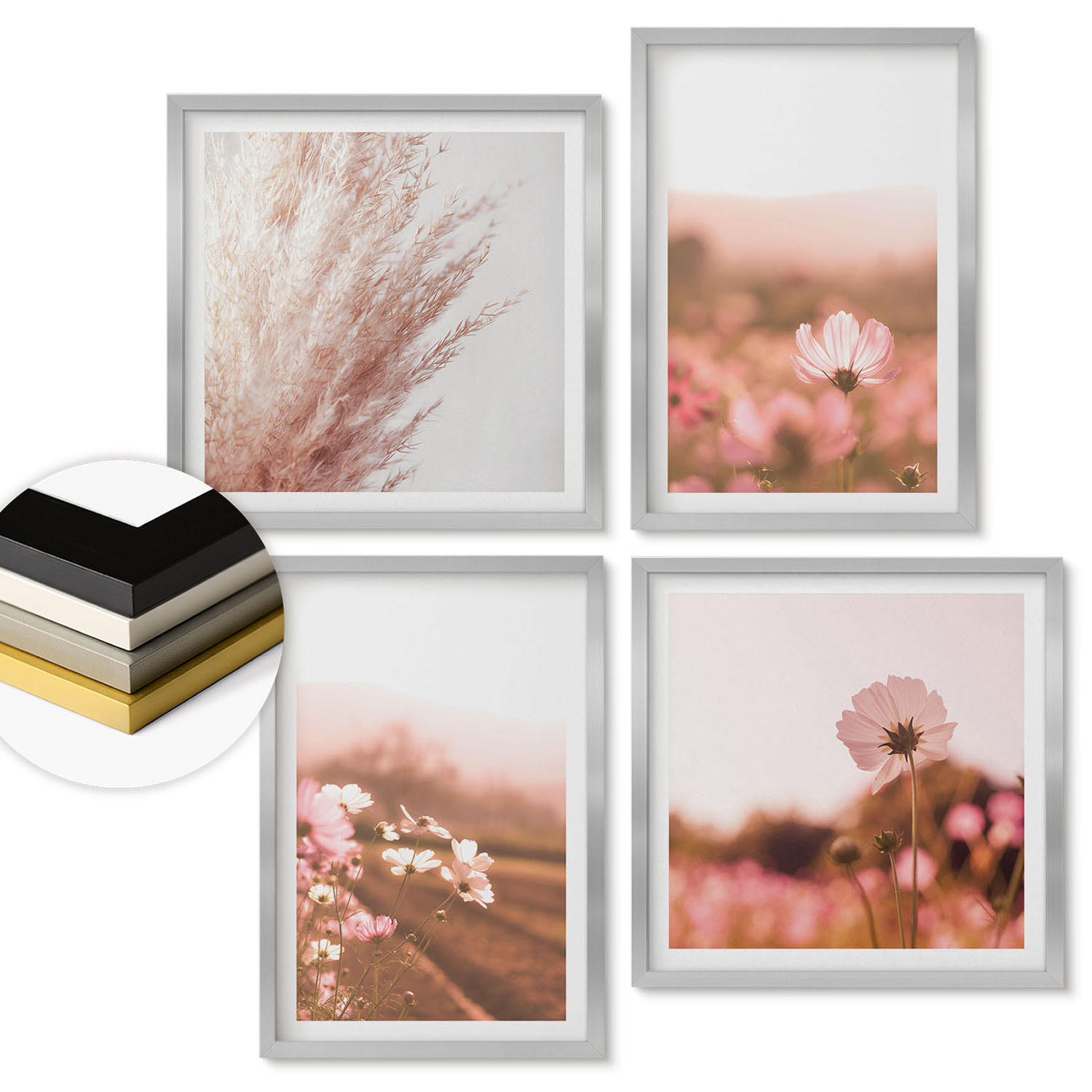 WANDBILDER 4er Set - 50x50 cm & 40x60 cm Silberner Rahmen - Wildblumen auf den Wiesen im Sommer - Silberfarben, Kunststoff (50/50cm) - ArtPrintCave