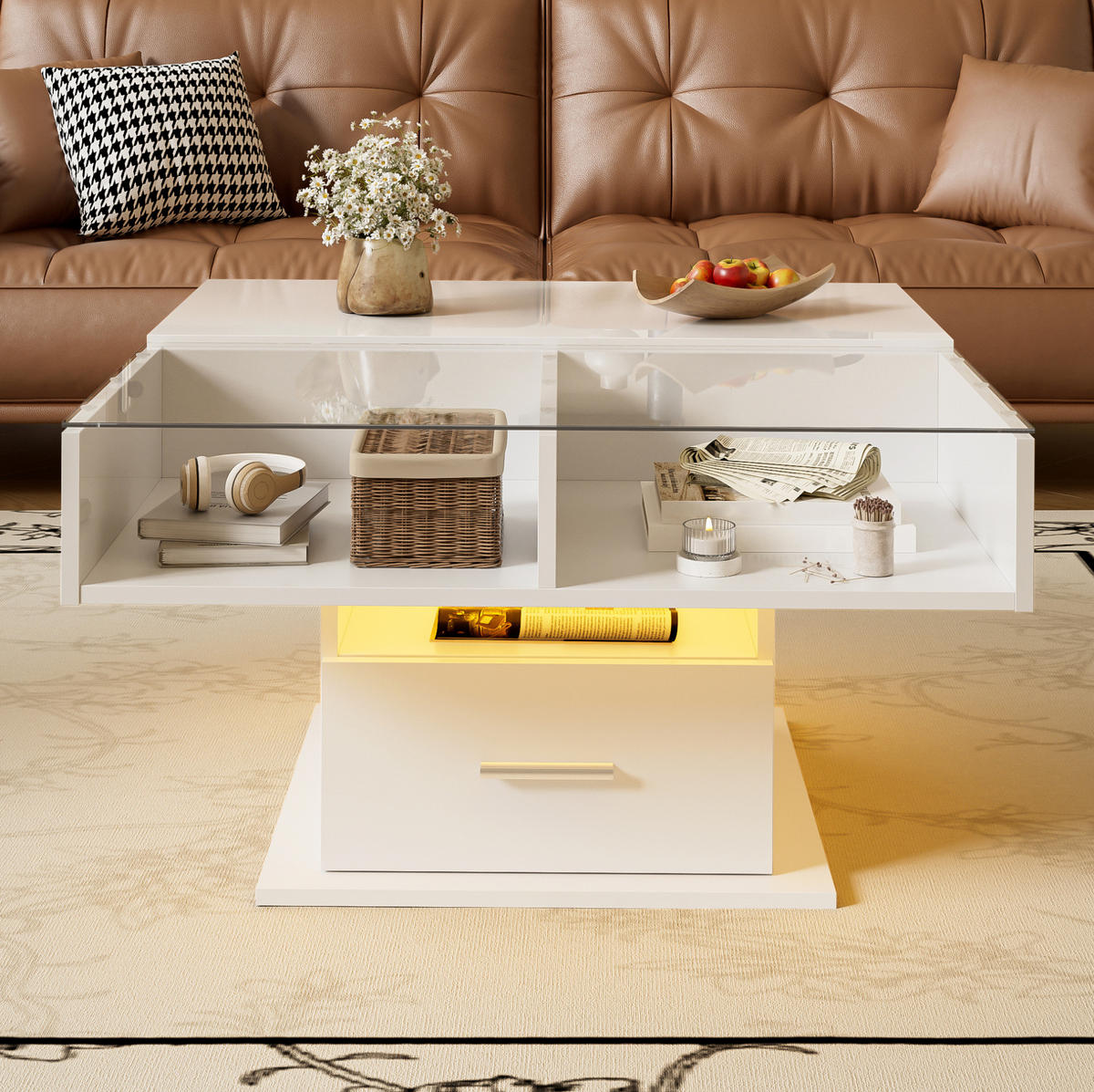 COUCHTISCH 78/78/45,5-59,5 cm in Weiß mit LED-Beleuchtung und Stauraum - Weiß, Holzwerkstoff (78/78/59.5cm) - Flora Grace