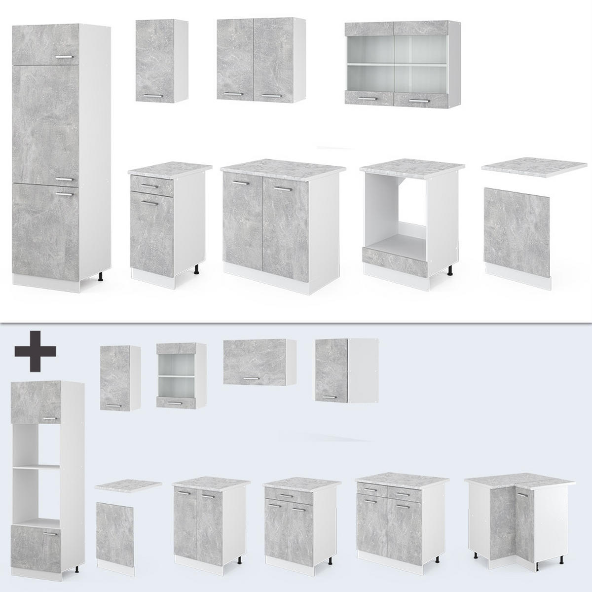 KÜCHENZEILE R-Line Beton/Weiß 300 cm, AP Anthrazit - Schieferfarben/Weiß, Holzwerkstoff (300/81.6/60cm) - Vicco