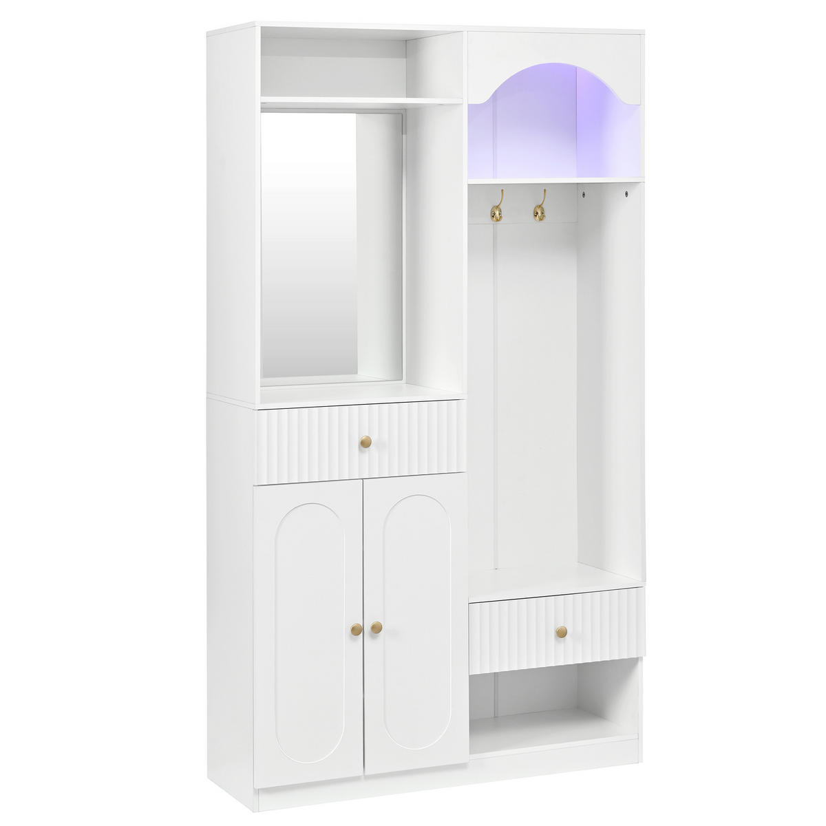 KOMPAKTGARDEROBE Spiegel Schuhschrank Sitzbank Haken LED - Weiß, Holzwerkstoff (100/180/35cm) - FLIEKS