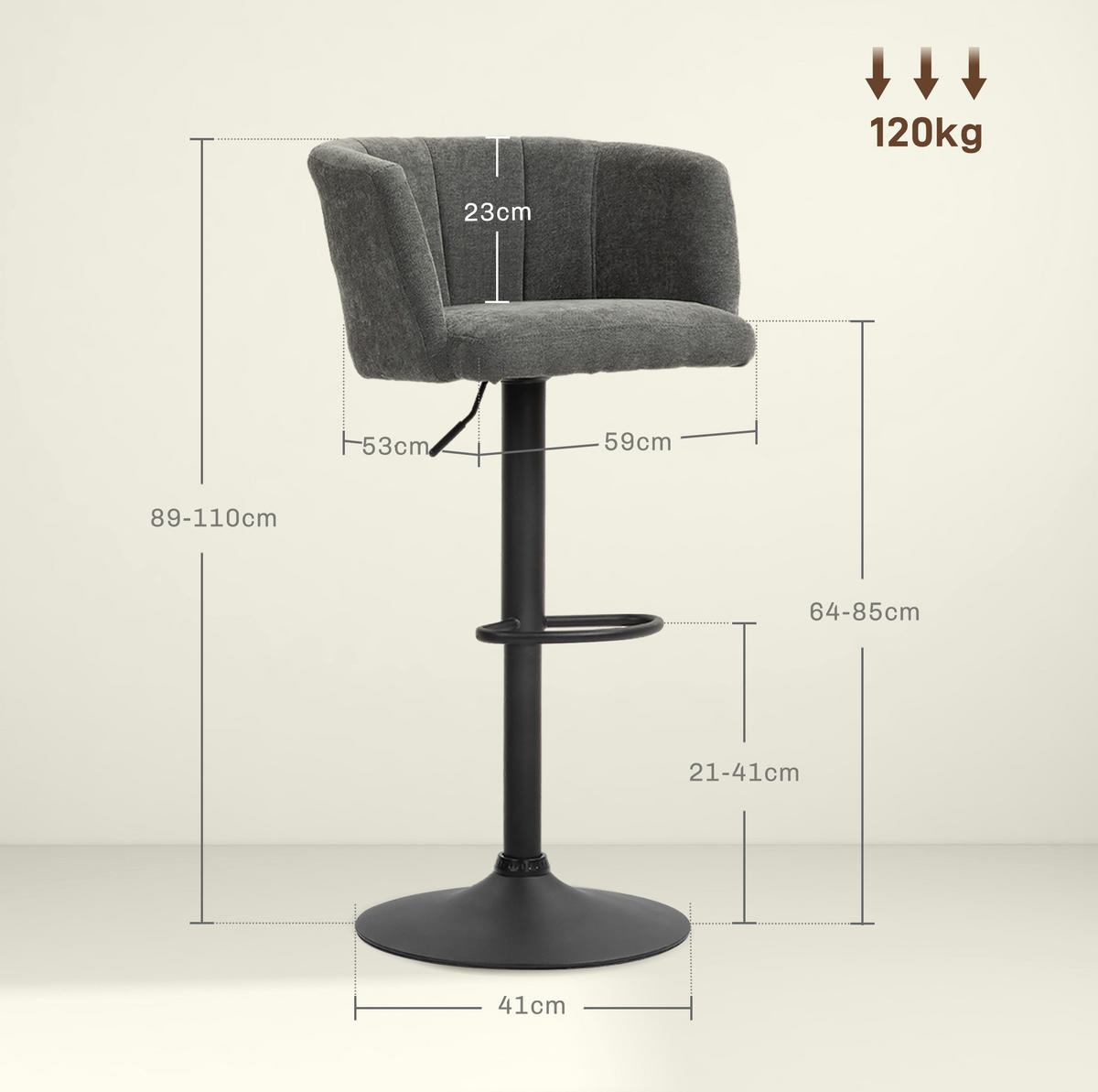 BARHOCKER 2er-Set höhenverstellbar 64-85 cm Polyester Dunkelgrau - Dunkelgrau, Metall (53/110/59cm) - Meubliv