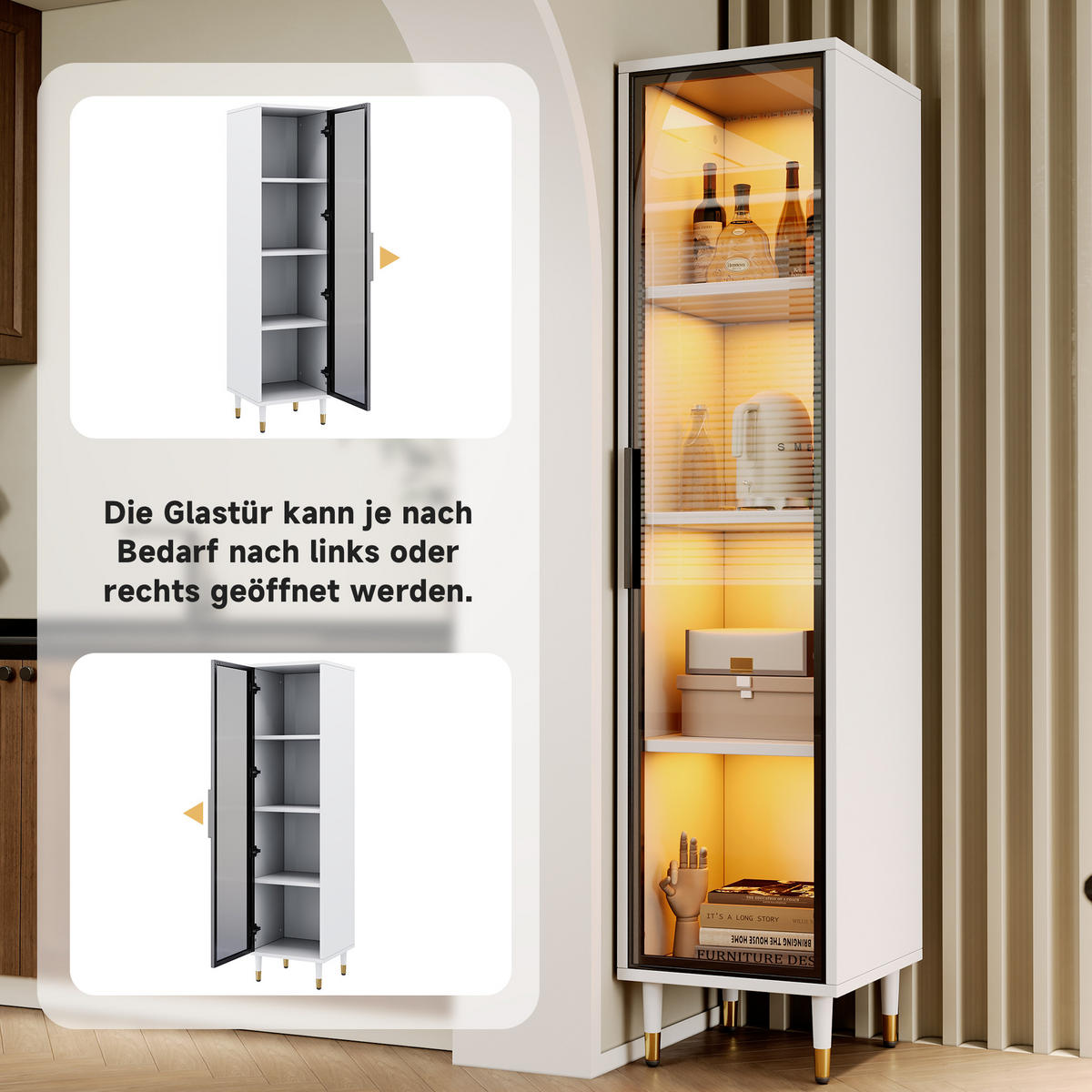 HIGHBOARD mit LED-Beleuchtung 40/40/170 cm in Weiß mit getönter Glastür - Weiß, Holzwerkstoff (40/170/40cm) - BEAOK