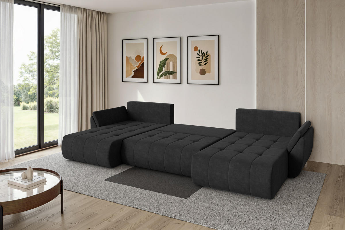 SEDACÍ SOUPRAVA DO U s funkcí spaní a úložným prostorem TOKO-U 378x194x86 černá velur - černá, kompozitní dřevo/textil (378/86/194cm) - ALTDECOR