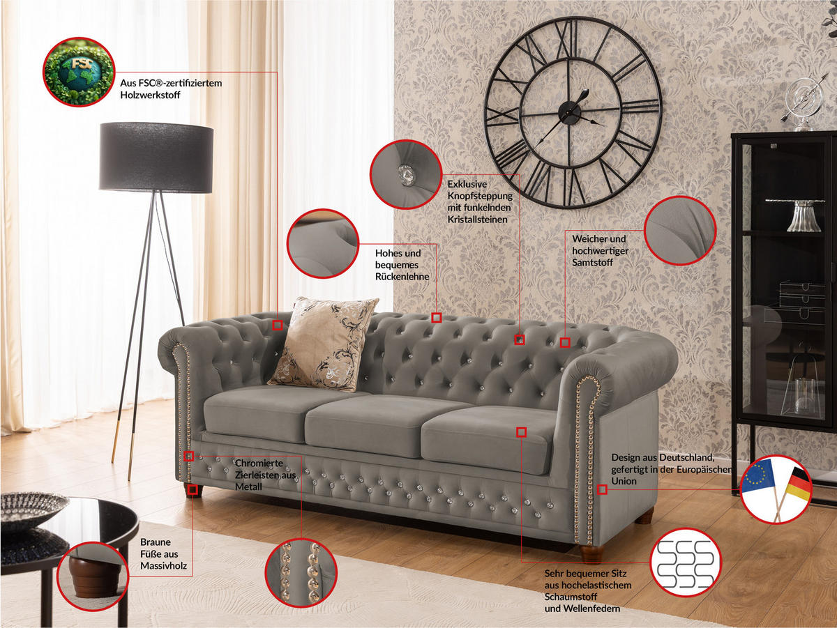 CHESTERFIELD-SOFA 3-sitzer Cleo Blink Grau Samt mit Kristallsteppung und braunen Massivholzfüßen - Braun/Grau, Holz/Textil (203/72/86cm) - S-Style Möbel