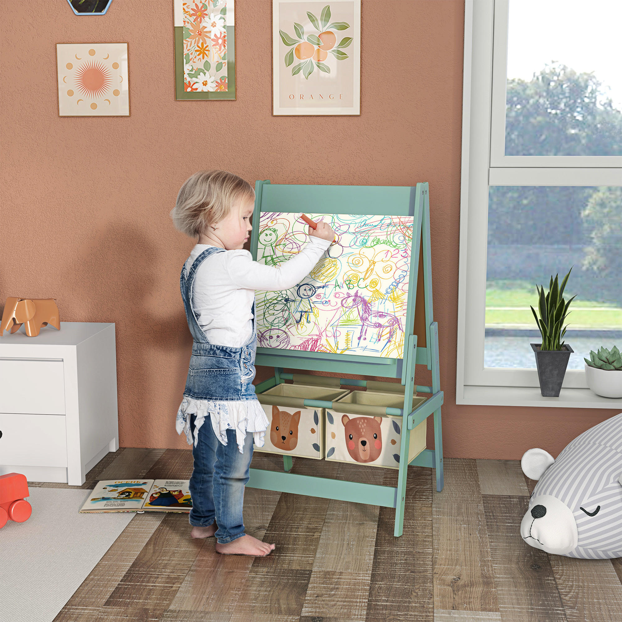 KINDERSTANDTAFEL mit Aufbewahrungskörbe - Grün, Holzwerkstoff (46.5/93/54cm) - AIYAPLAY