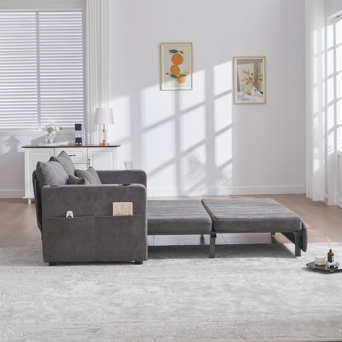 SOFA Klappbar mit USB-Ladefunktion und Aufbewahrungstasche Grau Chenille 139/83/58 cm - Grau, Textil (139/83/73cm) - OKWISH