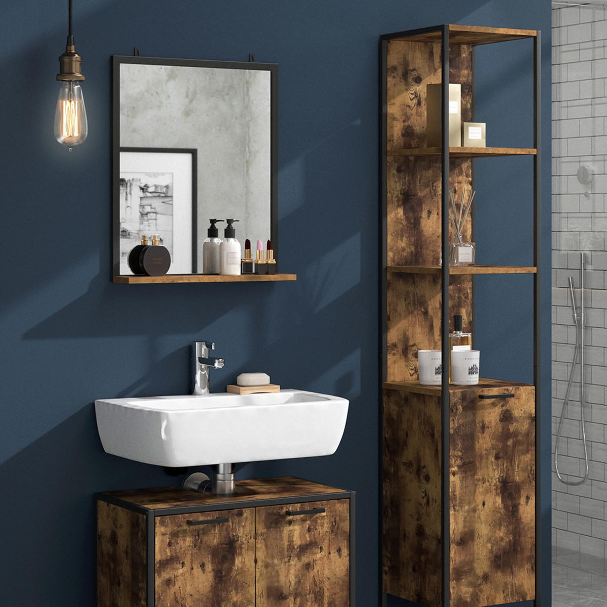 BADMÖBEL-SET Fyrk Antikholz 3 Teile, mit Hochschrank - Eichefarben/Schwarz, Holzwerkstoff (60/60/33cm) - Vicco